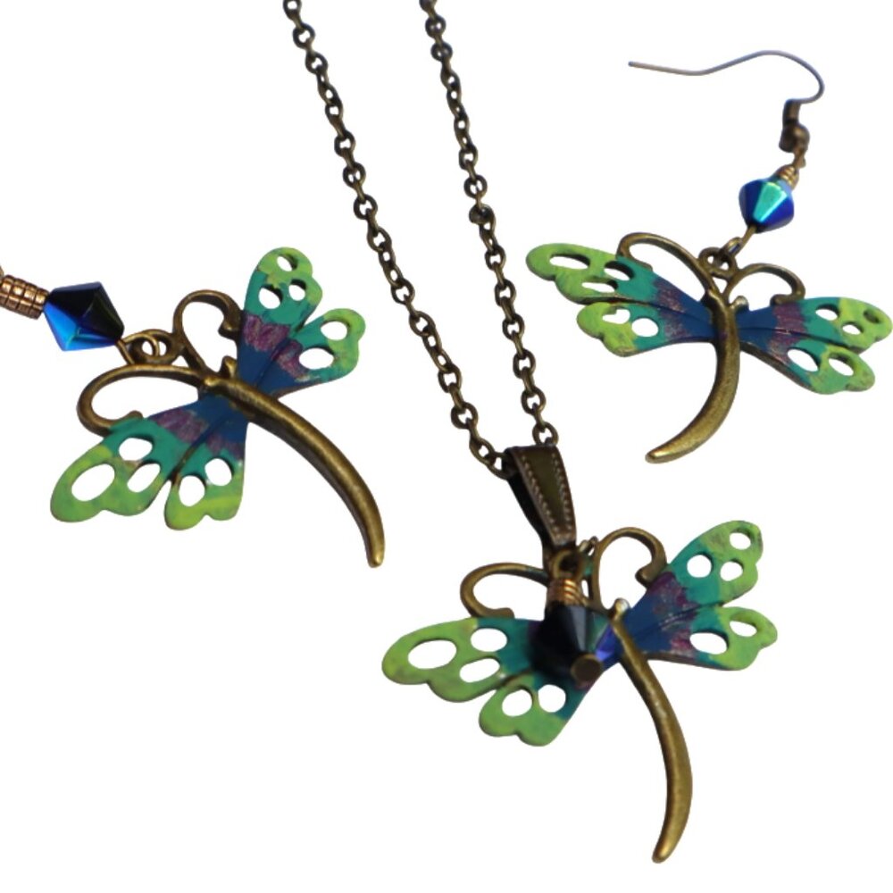 Handmade Dragonfly Necklace and Earrings Set Painted Boho Butterfly Jewelry